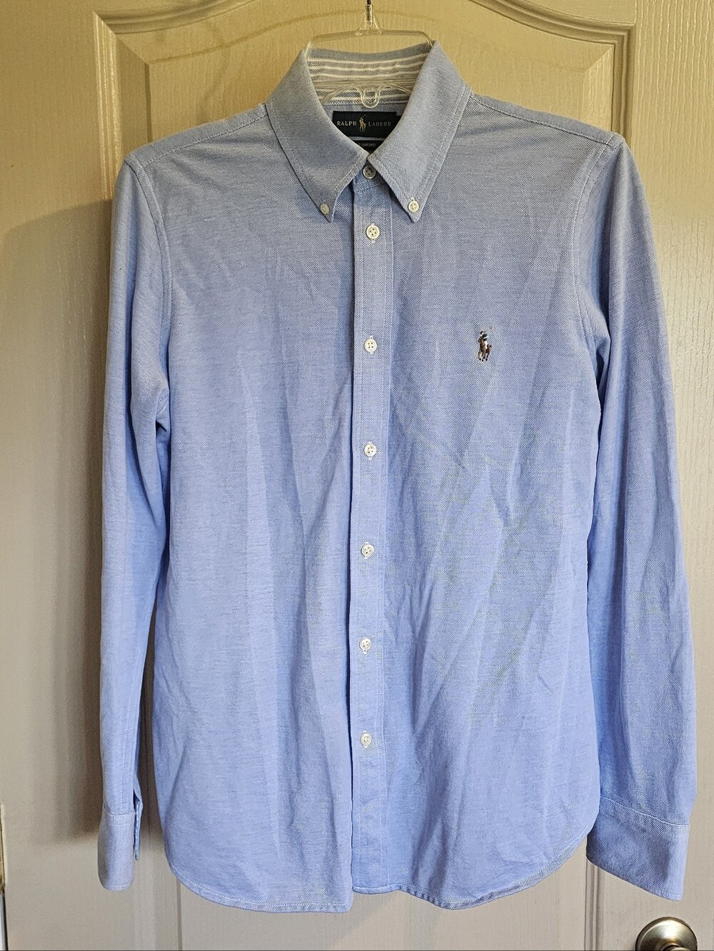 Ralph Lauren Blue Knit Oxford Long Sleeve Button Up Shirt Large 100% Cotton